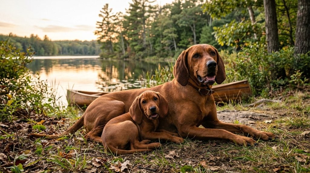 Redbone Coonhound adult and puppy resting beside a lakeside woodland shoreline, reflecting the breed’s traditional American hunting environment.