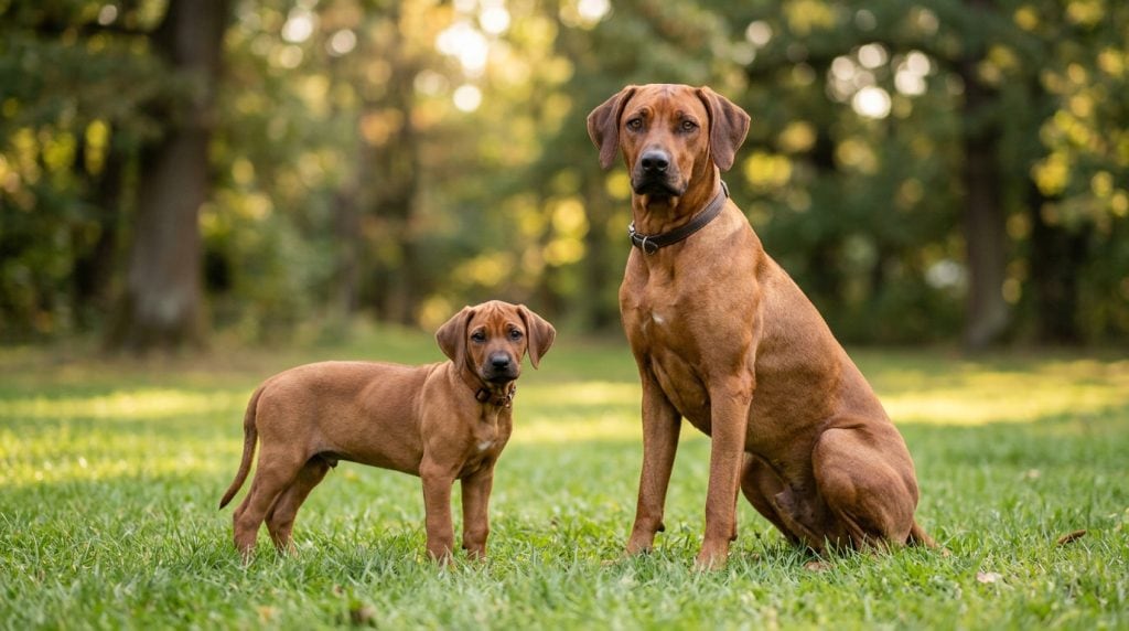 Adult Rhodesian Ridgeback sitting on grass beside a Rhodesian Ridgeback puppy.