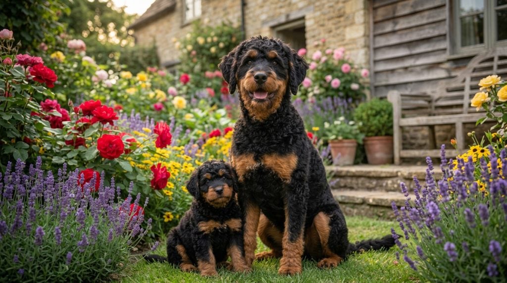 Adult Rottle dog and Rottle puppy with black-and-tan wavy coats sitting together in a colourful cottage garden beside a rustic countryside home during warm evening light.