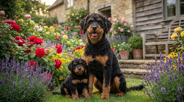 Adult Rottle dog and Rottle puppy with black-and-tan wavy coats sitting together in a colourful cottage garden beside a rustic countryside home during warm evening light.