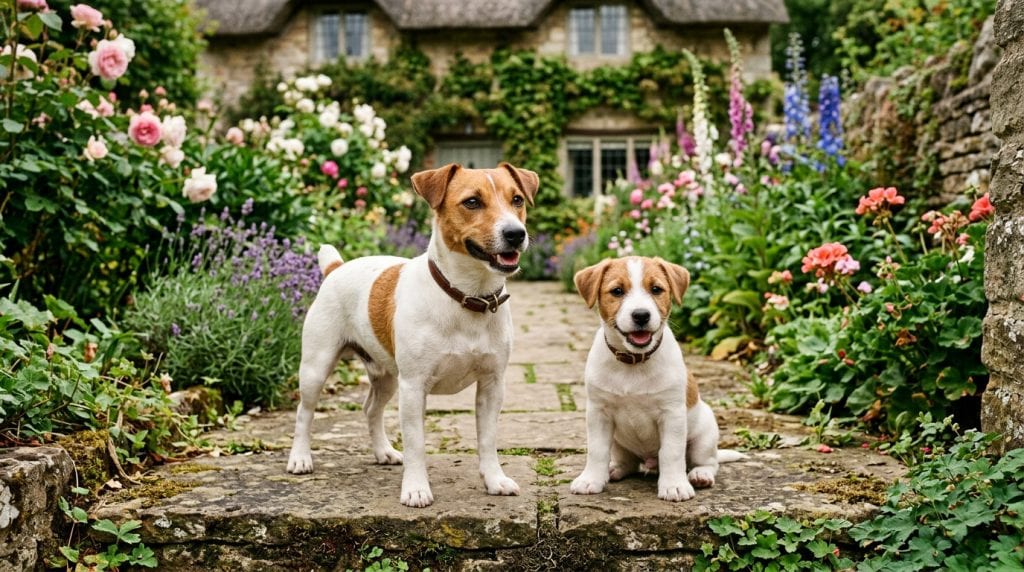 Russell Terrier adult and puppy standing on a stone path in an English cottage garden, reflecting the breed’s traditional rural hunting environment.