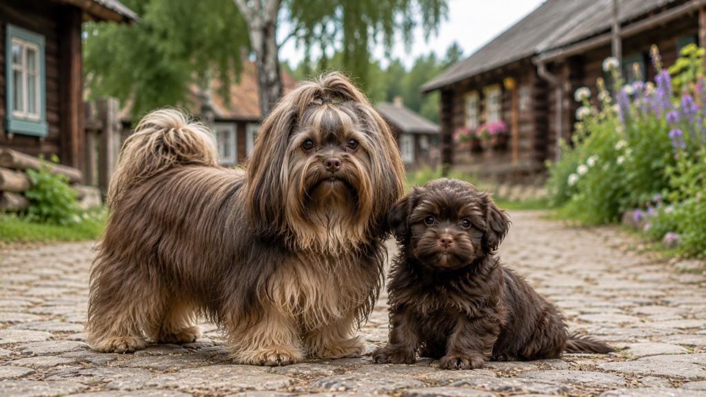 Adult and puppy Russian Tsvetnaya Bolonka dogs standing together on a cobblestone lane in a traditional Russian village, showing the breed's long silky coat, compact build, expressive dark eyes, and companion-dog appearance against a rustic countryside backdrop.