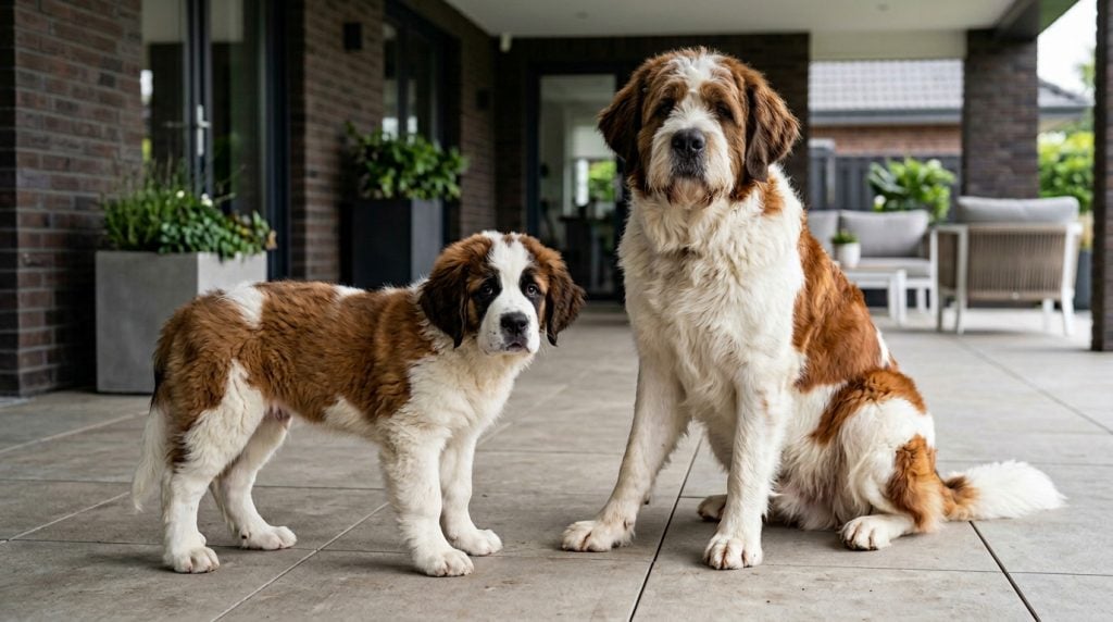 Adult Saint Berdoodle sitting beside a Saint Berdoodle puppy on a covered modern terrace