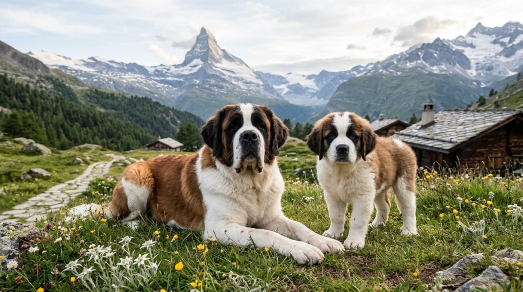 Adult Saint Bernard lying beside a Saint Bernard puppy in a Swiss Alpine meadow with traditional mountain chalets and snow-capped peaks in the background.