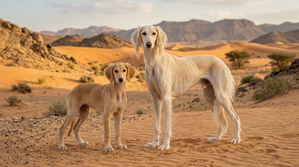 Adult Saluki and Saluki puppy standing together in a desert landscape with elegant sighthound build, feathered ears and long graceful legs.