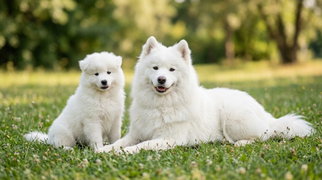 Adult Samoyed lying on grass beside a fluffy Samoyed puppy in a sunny park.