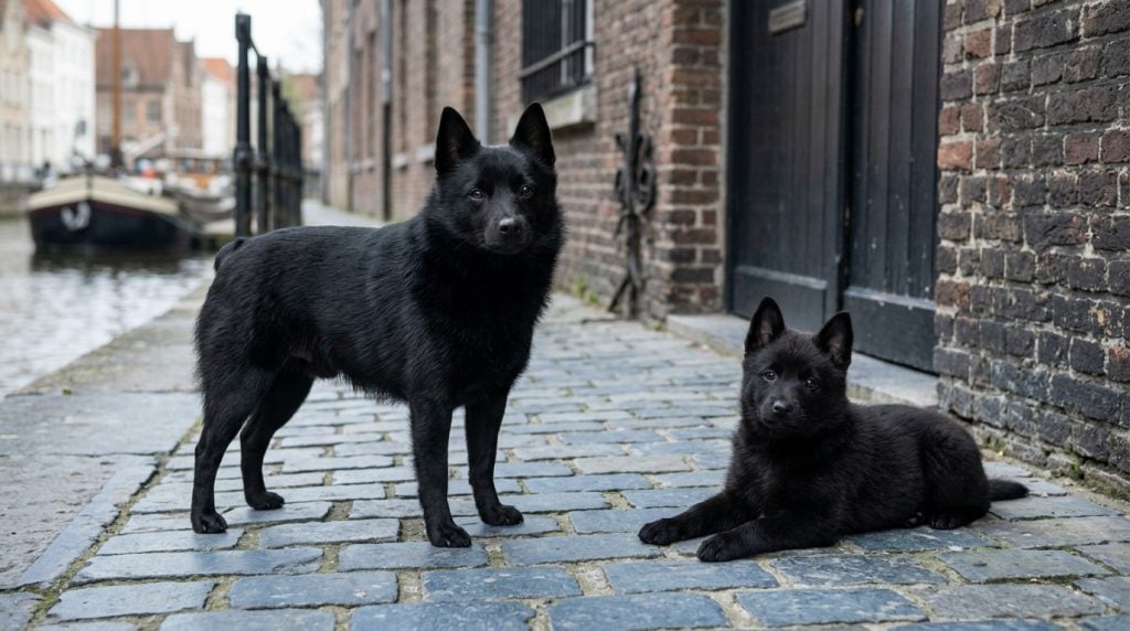Adult Schipperke standing beside a young Schipperke puppy on a historic Belgian canal-side passage.