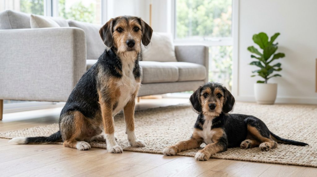 Adult black, tan and white Schneagle sitting beside a relaxed young puppy in a bright modern living room.