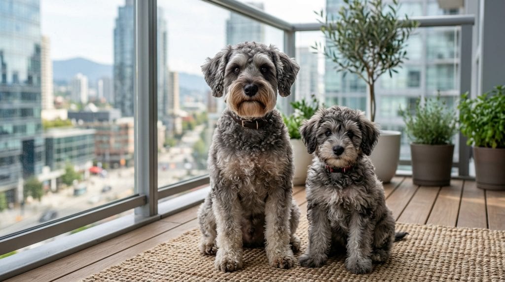 Adult Schnoodle dog and fluffy Schnoodle puppy sitting together on a modern apartment balcony with city skyline views in the background. Both dogs have soft gray curly coats, expressive dark eyes, and distinct Schnauzer-style beards with fluffy Poodle-like texture, creating a realistic companion dog portrait.