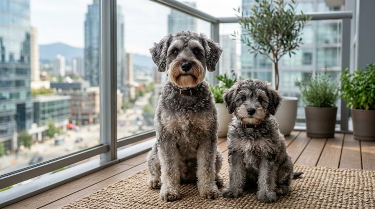 Adult Schnoodle dog and fluffy Schnoodle puppy sitting together on a modern apartment balcony with city skyline views in the background. Both dogs have soft gray curly coats, expressive dark eyes, and distinct Schnauzer-style beards with fluffy Poodle-like texture, creating a realistic companion dog portrait.