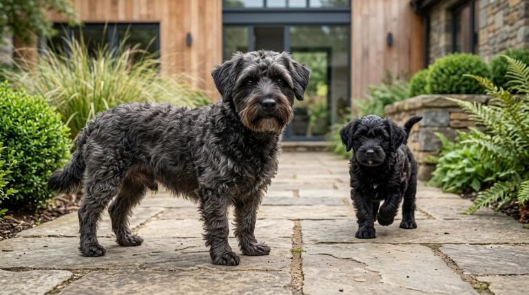 Adult Scoodle and Scoodle puppy standing on a stone path outside a modern home