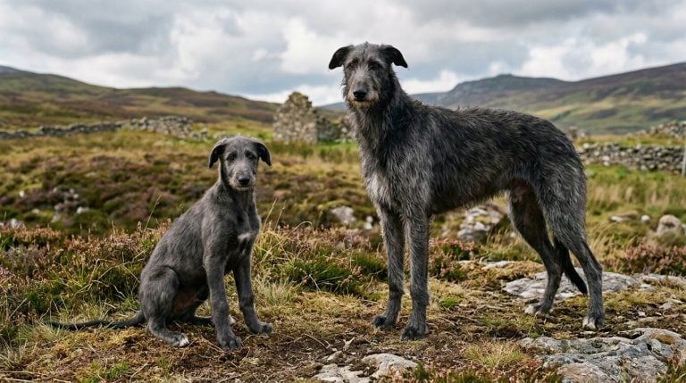 Adult grey Scottish Deerhound standing beside a young puppy on open Scottish moorland.