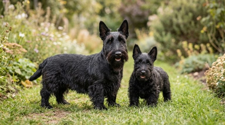 Adult Scottish Terrier standing beside a Scottish Terrier puppy in a garden setting looking at the camera.