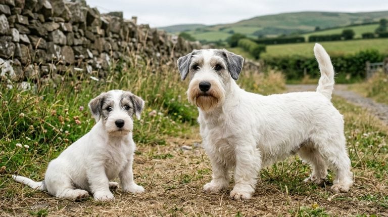 Adult white Sealyham Terrier with grey head markings standing beside a young puppy in the Welsh countryside.