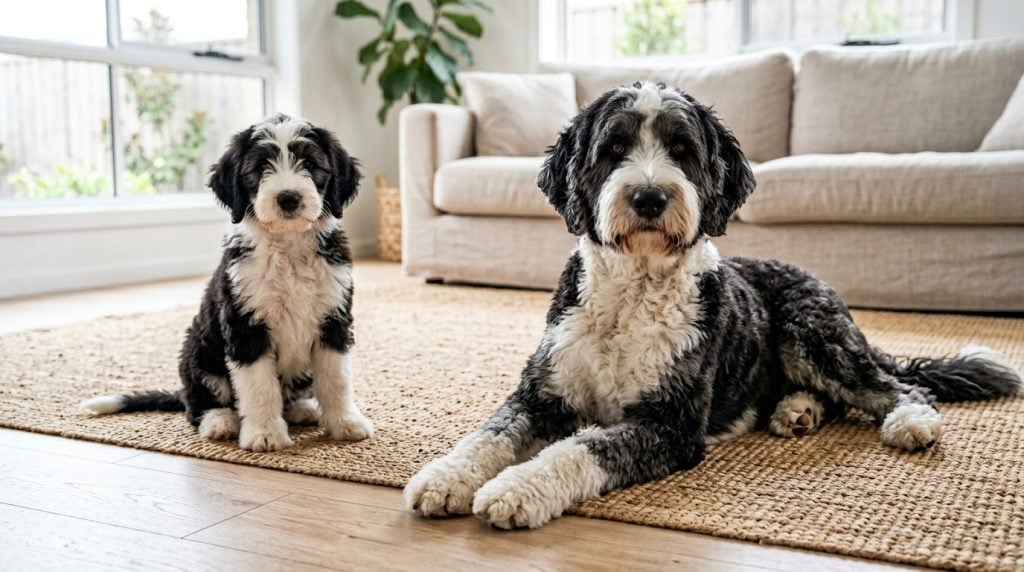 Adult black-and-white Sheepadoodle reclining beside a seated young puppy in a bright modern living room.
