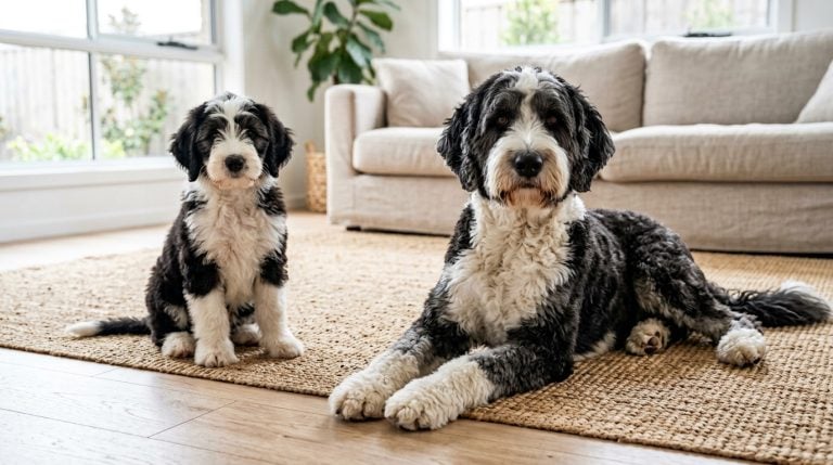 Adult black-and-white Sheepadoodle reclining beside a seated young puppy in a bright modern living room.