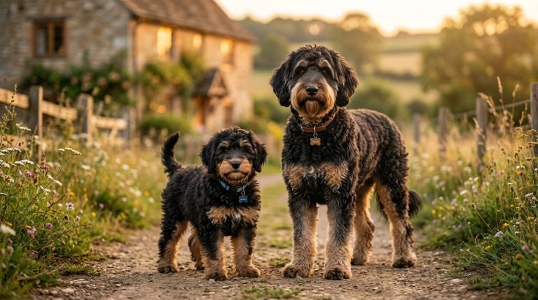 Adult Shepadoodle dog and Shepadoodle puppy standing together on a countryside path near a rustic farmhouse at golden hour. Both dogs have fluffy black-and-tan wavy coats with soft doodle texture, gentle expressive eyes, and shaggy teddy-bear faces showing a mix of German Shepherd and Poodle features. The adult dog stands on the right with a soft curly coat and friendly companion-dog appearance, while the fluffy puppy stands on the left with matching markings and playful expression.