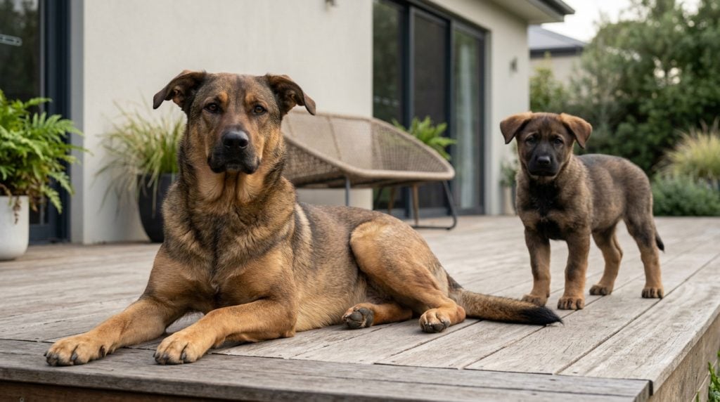 Adult sable Sheprador lying on a modern garden deck with a young Sheprador puppy standing behind