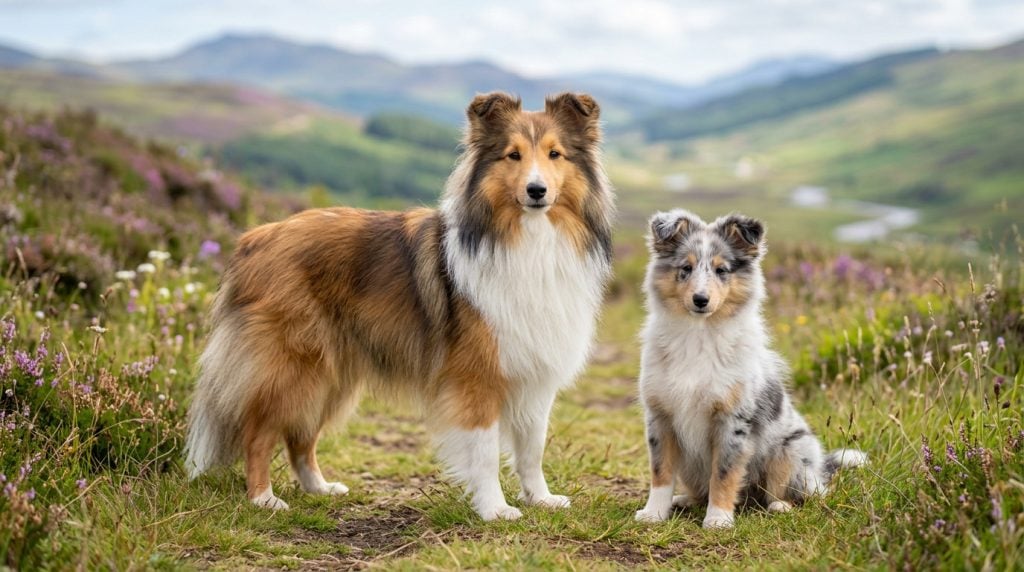Adult Shetland Sheepdog standing in a hillside meadow with a Sheltie puppy beside it.