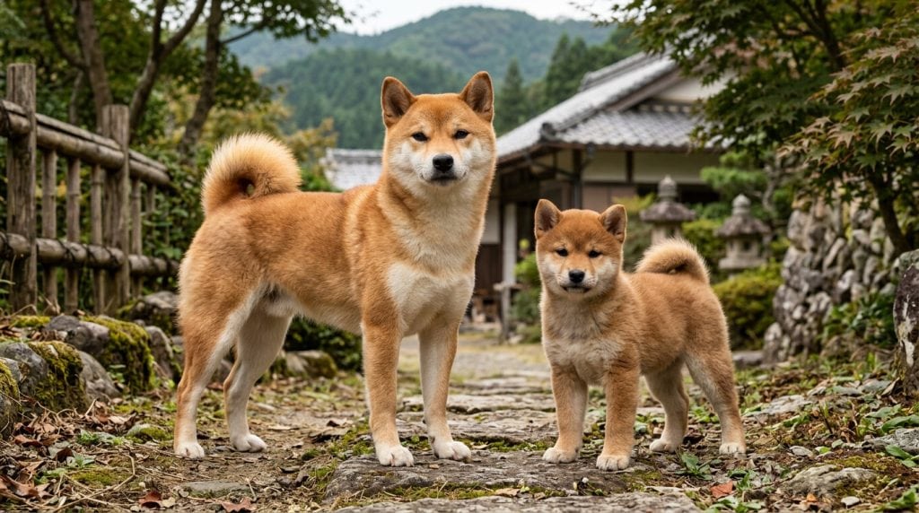 Adult Shiba Inu and Shiba Inu puppy standing together in a traditional Japanese countryside setting with red coats, curled tails and classic spitz features.