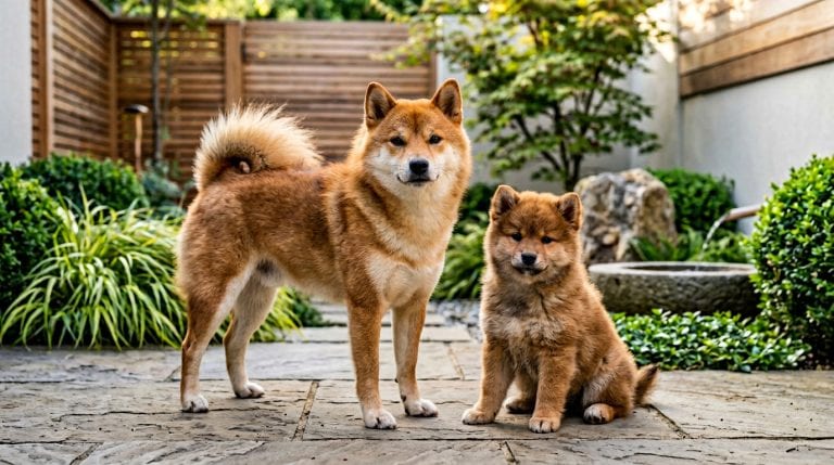 Adult Shiba Pom standing beside a Shiba Pom puppy in a contemporary Japanese-inspired courtyard garden, showcasing the breed's fox-like expression, dense red double coat and distinctive Shiba Inu–Pomeranian characteristics.