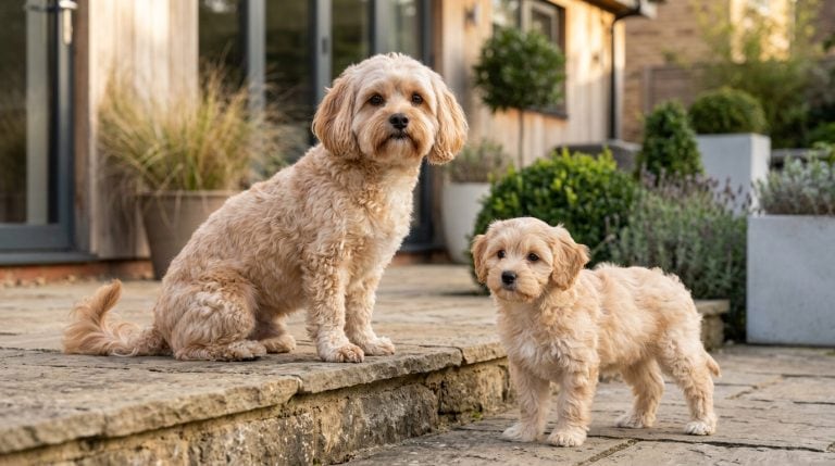 Adult Shih-Poo sitting on a raised stone terrace with a Shih-Poo puppy standing beside the step in a modern landscaped garden.