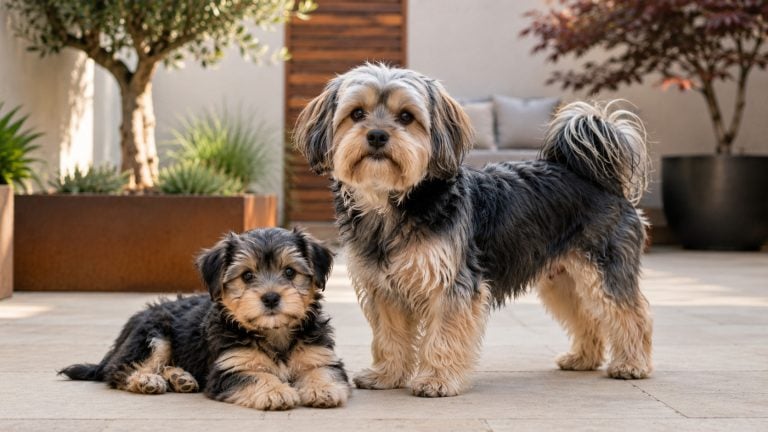 Adult Shorkie standing beside a Shorkie puppy resting on a contemporary courtyard patio, showcasing the breed's silky blue and tan coat, compact build and distinctive Shih Tzu–Yorkshire Terrier characteristics.