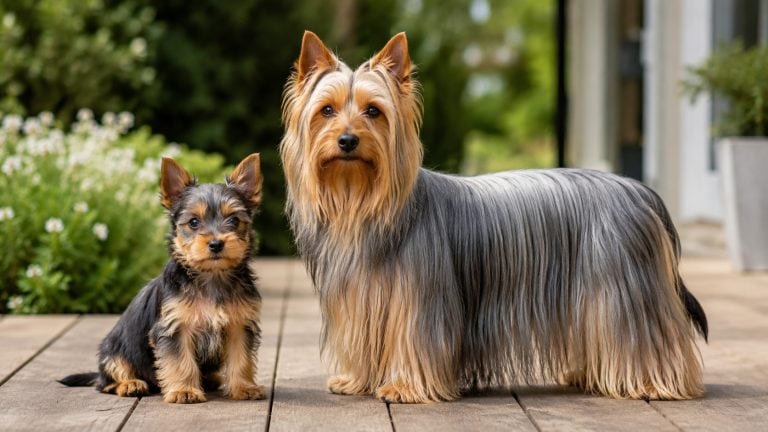 Adult blue-and-tan Silky Terrier standing beside a young puppy on a garden terrace.