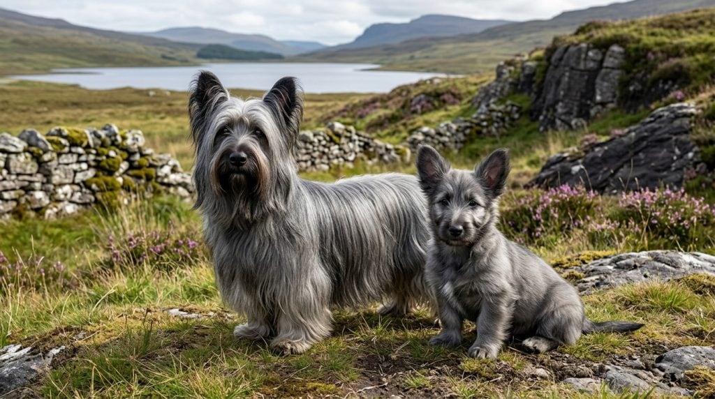 Adult steel-grey Skye Terrier standing beside a young puppy in a rugged Scottish Highland landscape.