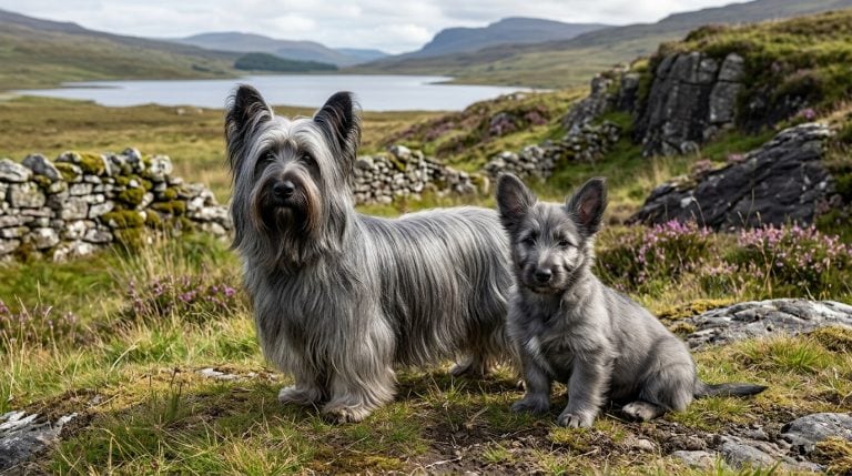 Adult steel-grey Skye Terrier standing beside a young puppy in a rugged Scottish Highland landscape.