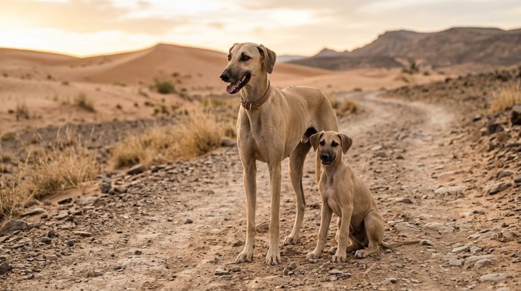 Sloughi adult and puppy standing on a rocky desert path with sand dunes and mountains in the background, reflecting the breed’s North African native habitat.