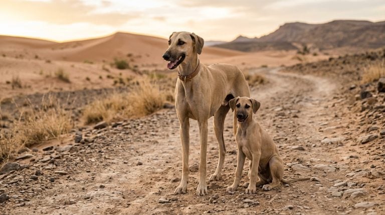Sloughi adult and puppy standing on a rocky desert path with sand dunes and mountains in the background, reflecting the breed’s North African native habitat.