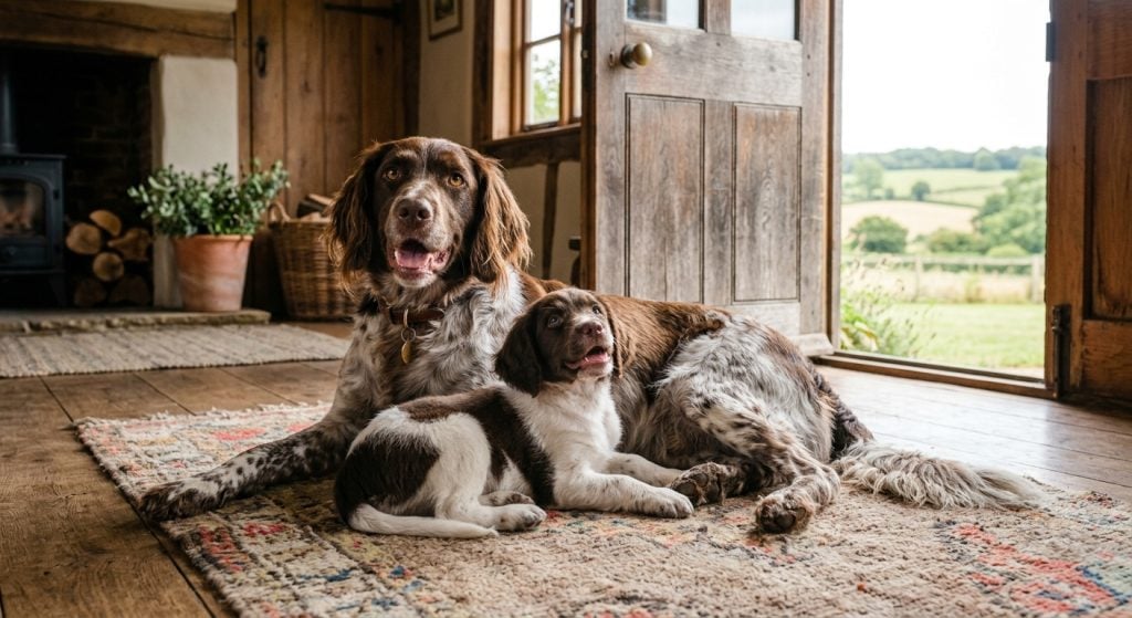 Small Munsterlander Pointer adult and puppy lying together inside a cozy countryside cottage, with wooden floors, rustic furniture, and open countryside visible through the doorway.