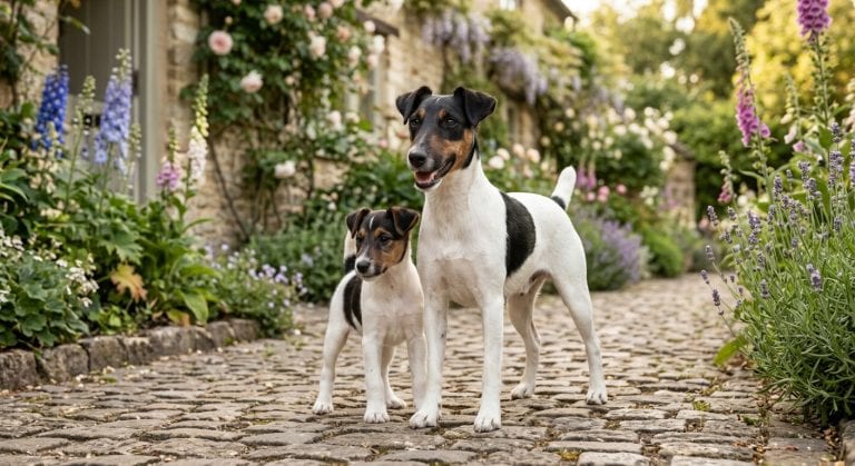 Smooth Fox Terrier adult and puppy standing on a cobblestone garden path in a traditional English cottage garden, surrounded by colorful flowers, stone walls, and lush greenery.
