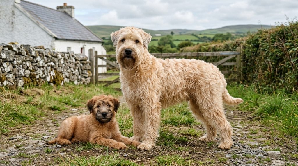 Adult wheaten-coloured Soft Coated Wheaten Terrier standing beside a darker young puppy in the Irish countryside.