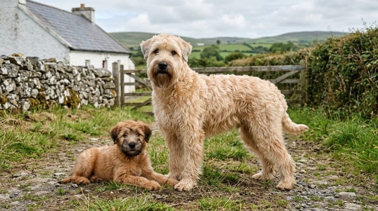 Adult wheaten-coloured Soft Coated Wheaten Terrier standing beside a darker young puppy in the Irish countryside.