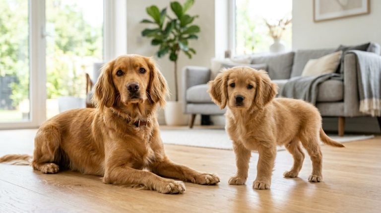 Adult Spanador dog lying beside a Spanador puppy in a bright modern family living room.
