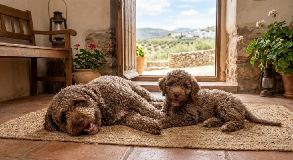 Spanish Water Dog adult and puppy relaxing together inside a rustic Spanish farmhouse, surrounded by warm stone walls, terracotta flooring, and countryside views of olive groves through the open doorway.