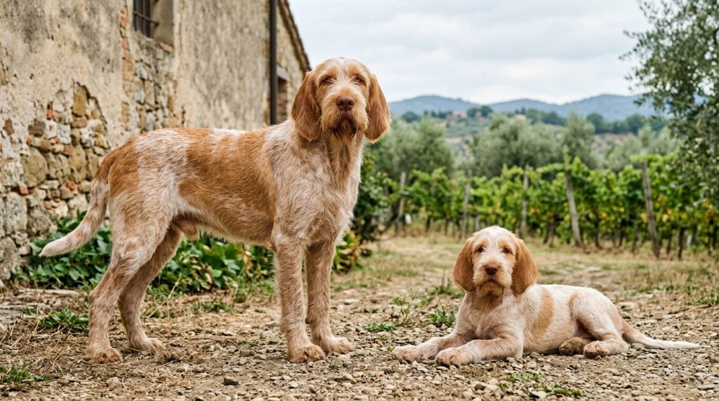 Adult orange-roan Spinone Italiano standing beside a young puppy in a rural Italian vineyard setting.