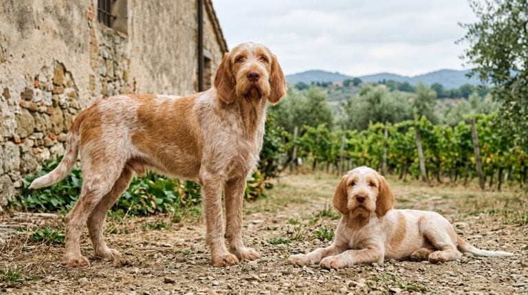 Adult orange-roan Spinone Italiano standing beside a young puppy in a rural Italian vineyard setting.