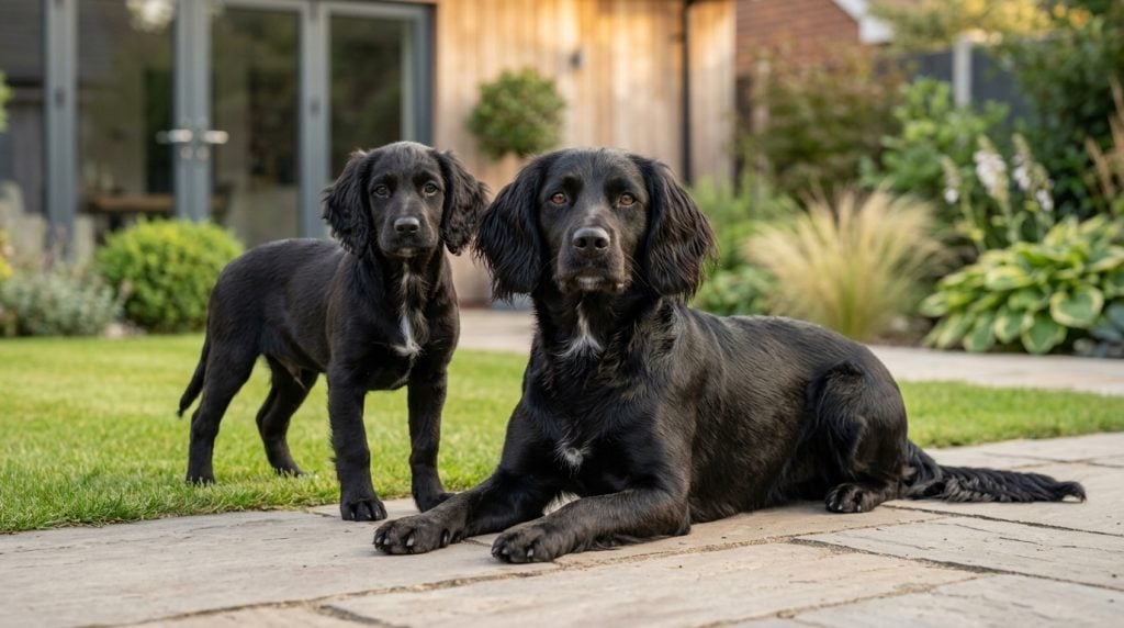 Adult black Springador lying on a stone patio with a black Springador puppy standing nearby in a modern garden