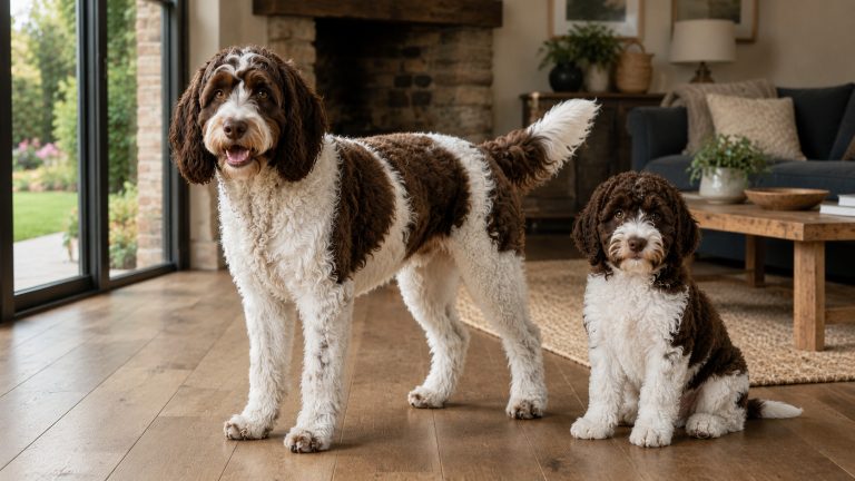 Adult Springerdoodle standing in profile beside a Springerdoodle puppy in a rustic modern farmhouse living room, showcasing the breed's athletic build, wavy chocolate and white coat, drop ears and friendly, intelligent expression.