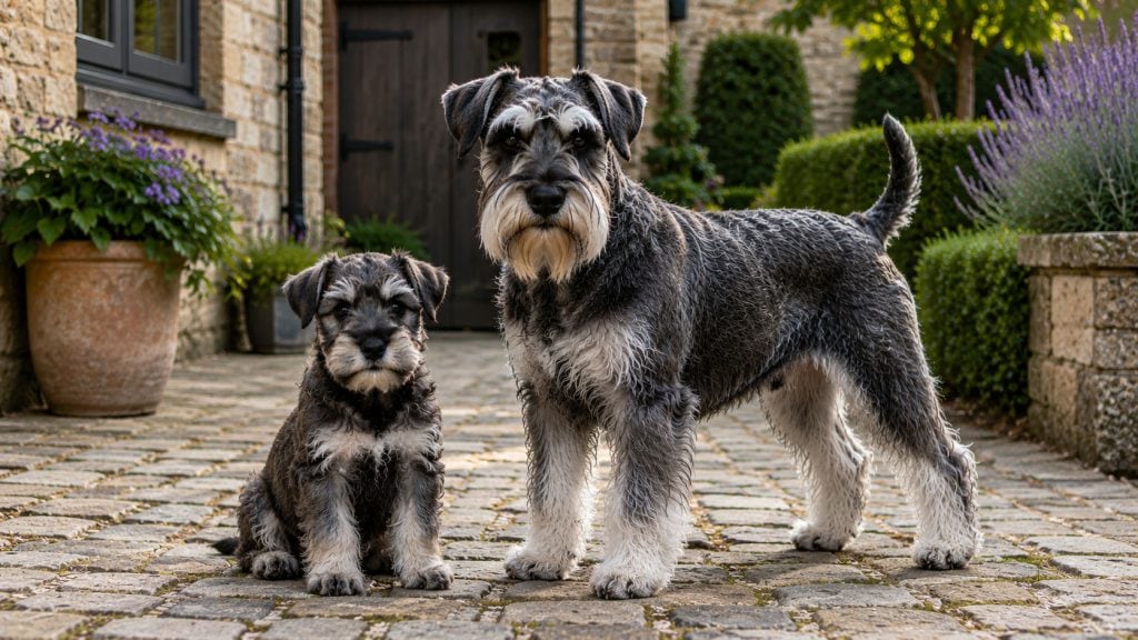 Adult Standard Schnauzer standing beside a Standard Schnauzer puppy in a traditional European stone courtyard, showcasing the breed's square build, pepper-and-salt wiry coat, distinctive beard and eyebrows, and alert working-dog expression.