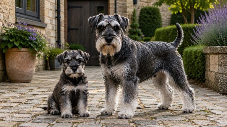 Adult Standard Schnauzer standing beside a Standard Schnauzer puppy in a traditional European stone courtyard, showcasing the breed's square build, pepper-and-salt wiry coat, distinctive beard and eyebrows, and alert working-dog expression.
