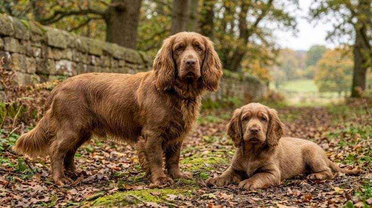 Adult golden-liver Sussex Spaniel standing beside a young puppy on an English woodland track.