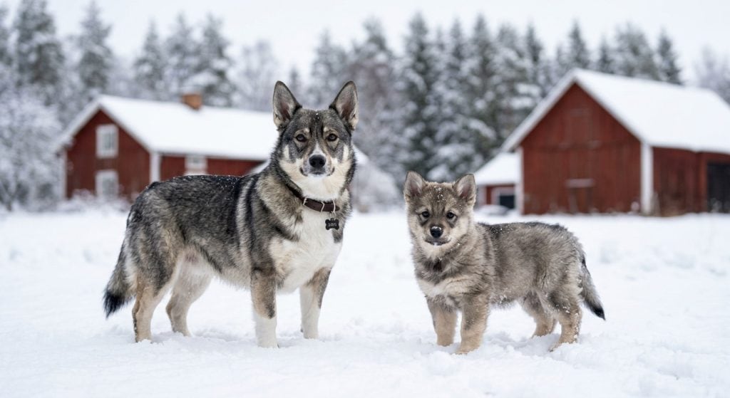 Swedish Vallhund adult and puppy standing together in a snowy Swedish farm setting, with traditional red wooden barns and snow-covered pine trees in the background, showcasing their compact build, pointed ears, and wolf-like grey sable coats.