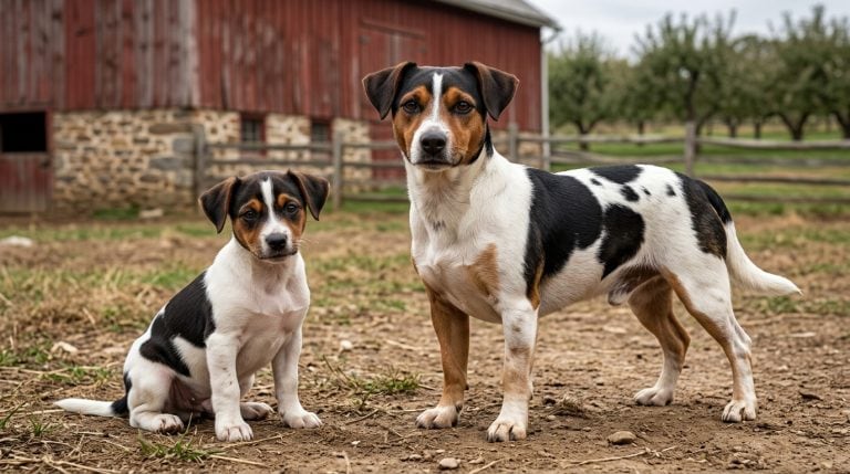 Adult Teddy Roosevelt Terrier standing beside a young tricolour puppy on an American farm.