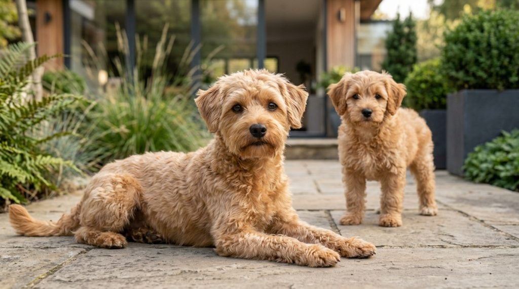 Create an ultra-photorealistic 16:9 breed profile photograph of a Terripoo featuring one adult dog and one puppy. The image should look like it was captured by a professional canine photographer for a premium breed encyclopedia. The finished image must be completely photorealistic, visually representative of a Terrier–Poodle mixed breed and suitable as the main profile image for a professional dog breed directory. CRITICAL The finished dogs must immediately read as Terripoos, showing a believable blend of small terrier character and Poodle coat influence. The dogs must NOT simply look like purebred Poodles, generic doodles or random shaggy terriers. Do not generate: Toy Poodle Miniature Poodle Yorkipoo Westiepoo Cavapoo Cockapoo Maltipoo Schnoodle generic doodle purebred terrier The Terripoo should display: Small compact build Light but sturdy frame Balanced proportions Slightly athletic terrier structure Expressive alert face Moderately narrow muzzle Dark intelligent eyes Black nose Natural drop or semi-drop ears Soft wavy to loose-curly coat Visible terrier influence beneath the Poodle coat Moderate facial furnishings Natural mixed-breed appearance The coat must look textured and realistic, not excessively fluffy, tightly sculpted or professionally groomed into a Poodle style. Adult Dog Adult Terripoo. Small companion-sized Terrier–Poodle mix. Compact and lightly athletic. The body should show subtle terrier structure rather than the rounded proportions of a generic teddy-bear doodle. Moderate chest. Straight natural legs. Balanced body length. Alert but friendly expression. Dark brown intelligent eyes. Black nose. Moderately narrow muzzle with soft facial furnishings. Natural drop or semi-drop ears with lightly textured hair. Soft wavy to loose-curly coat. Coat colour should be a believable warm brown, tan, apricot, black, grey or natural blended shade. Subtle colour variation is permitted. No Poodle clipping. No exaggerated teddy-bear face. The adult is LYING naturally in a relaxed three-quarter position, chest raised and supported on the forelegs. The body is angled diagonally towards the camera rather than shown in a side-profile standing pose. Head raised. Looking directly into the camera. Entire dog fully visible. Puppy Genuine Terripoo puppy approximately 10–12 weeks old. Clearly resembles the adult while retaining believable puppy proportions. Small compact body. Slightly oversized paws. Soft developing wavy coat. Puppy coat may be slightly fluffier than the adult but must retain visible natural texture. Rounder youthful face without becoming a generic teddy-bear puppy. Dark expressive eyes. Black nose. Developing facial furnishings. Natural floppy or semi-drop ears. The puppy is STANDING naturally several steps behind and slightly to one side of the adult. Its body is turned at a subtle three-quarter angle. One forepaw may be slightly advanced as though the puppy has just paused. Looking directly at the camera or just slightly off-camera. Entire puppy fully visible. Composition One adult and one puppy only. IMPORTANT COMPOSITION FOR THIS IMAGE: The adult must be lying down in the foreground in a raised-chest three-quarter position. The puppy must be standing behind and offset from the adult. Do NOT place the adult standing side-on beside a sitting puppy. Do NOT create a shoulder-to-shoulder lineup. Do NOT create matching poses. Do NOT centre both dogs symmetrically. The adult remains the dominant subject through foreground placement and physical maturity. The puppy is secondary but clearly visible. Use diagonal depth between the two dogs to create a natural editorial composition. Full bodies completely visible. Eye-level camera positioned close to the dogs' height. Natural relaxed expressions. Professional canine breed portrait. Background A stylish contemporary residential setting suitable for the mixed-breed section of a premium dog directory. Place the dogs on a natural stone or porcelain terrace beside a modern family home. Include subtle modern landscaping such as architectural grasses, structured planting, low shrubs and contemporary planters. A modern home with timber, stone or large glass doors may be visible in the background. The setting should feel warm, lived-in and realistic rather than staged. No woodland. No rural field. No farm. No mountain landscape. No historic village. The background should be clearly readable but gently softened by natural depth of field so the dogs remain the focus. Lighting Natural late-afternoon or early-evening sunlight. Soft warm light. Natural realistic shadows. Gentle highlights through the coat. No studio lighting. No artificial rim lighting. Photography Ultra-photorealistic. Professional canine breed photography. 85mm lens. f/4 aperture. Extremely sharp focus on both dogs. Highly detailed individual coat strands. Realistic eyes, noses and paws. Natural depth of field. Premium editorial quality. No AI artefacts. Directory Consistency Standard This image must maintain the same premium visual identity as every other breed profile in the directory. The finished image should appear as though it was photographed by the same professional canine photographer throughout the entire collection while giving the Terripoo its own unique identity. Maintain consistent standards across every breed: One adult and one puppy only. Adult remains the dominant subject. Both dogs fully visible. Adult looking directly at the camera. Puppy looking directly at the camera or slightly off-camera. Eye-level camera angle. Natural relaxed expressions. Professional editorial composition. Ultra-photorealistic quality. Exceptional anatomical accuracy. Breed-specific coat texture and detail. Soft natural lighting. Premium photographic quality. No exaggerated posing. The Terripoo image must use the specific lying-adult and standing-puppy composition described above to avoid repeating the adult-standing-sideways and puppy-sitting pattern used in previous breed images. Quality Standards The dogs should appear: Calm Alert Friendly Intelligent Naturally posed Anatomically correct Believably mixed breed Visually representative of a Terripoo Negative Prompt Toy Poodle, Miniature Poodle, purebred Poodle, Yorkipoo, Westiepoo, Cavapoo, Cockapoo, Maltipoo, Schnoodle, generic doodle, generic terrier, purebred terrier, teddy-bear dog, excessively fluffy coat, tight Poodle curls, Poodle clipping, sculpted grooming, oversized round head, extremely short muzzle, side-profile adult standing beside sitting puppy, matching poses, symmetrical lineup, collars, leads, harnesses, people, text, logos, watermarks, duplicated dogs, duplicated limbs, missing limbs, fused paws, poor anatomy, plastic fur, AI artefacts, oversaturated colours, unrealistic lighting. Final Breed Balance The finished dogs should immediately read as believable Terripoos, combining the compact lightly athletic structure and alert character associated with small terriers with the soft wavy coat, expressive eyes and intelligent appearance associated with Poodle influence. Neither parent influence should completely dominate. The dogs must not simply look like purebred Poodles or generic doodles. The image should be indistinguishable from a real high-end canine photograph and suitable as the hero profile image for a premium dog breed directory.