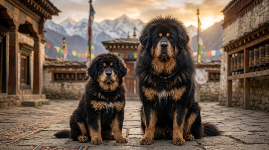 Adult Tibetan Mastiff and Tibetan Mastiff puppy sitting together in a traditional Tibetan monastery courtyard with prayer flags and snow-covered Himalayan mountains in the background. The adult dog has a massive black and tan coat with a thick lion-like mane, broad head, and powerful guardian stance, while the fluffy puppy sits on the left with matching dense fur and strong mastiff features in warm mountain light.