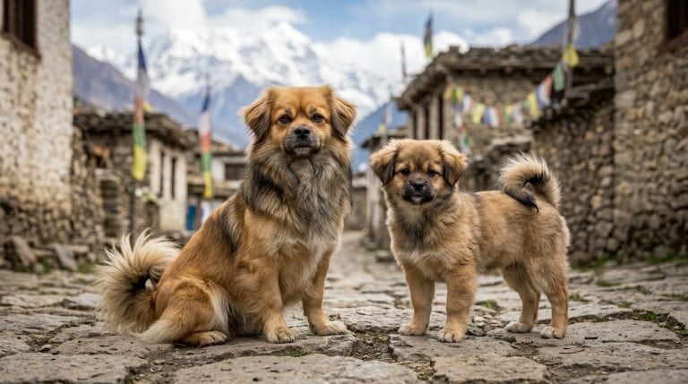 Adult Tibetan Spaniel and Tibetan Spaniel puppy in a traditional Himalayan mountain village with snow-capped mountains in the background